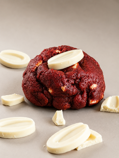 Cookie Red Velvet chocolat blanc de Remy Cake, gâteau sec avec glaçage rouge et morceaux de chocolat blanc, élégant et gourmand.
